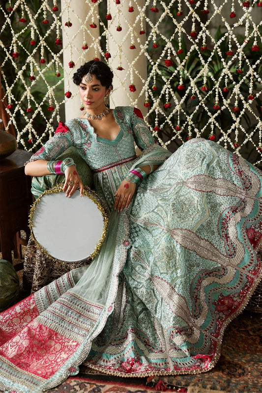 Afrozeh Zanzar Style — Mairaz Aqua & Red Three-Piece Suit