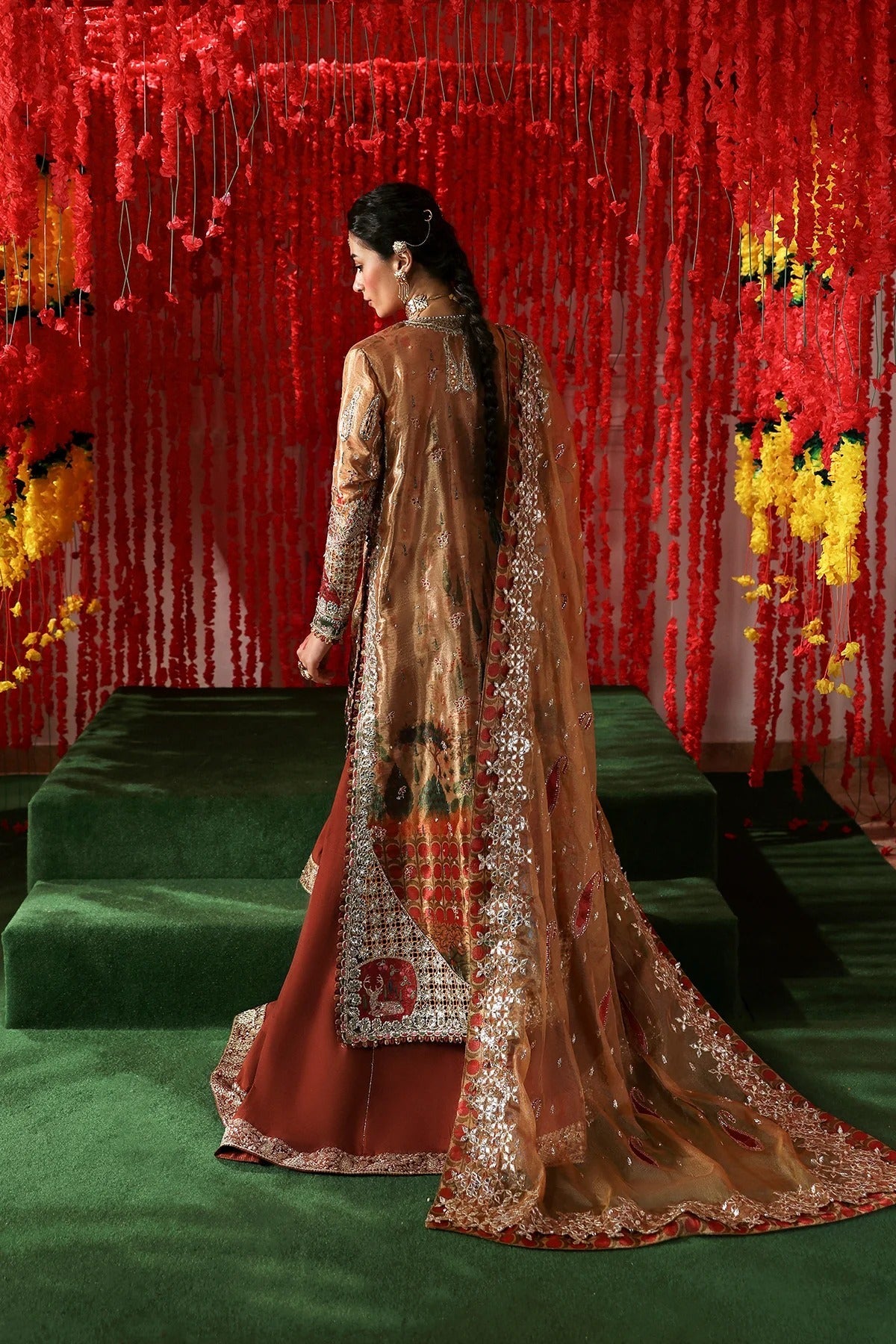 Afrozeh Poshna Style — Mairaz Peach & Green Three-Piece Suit