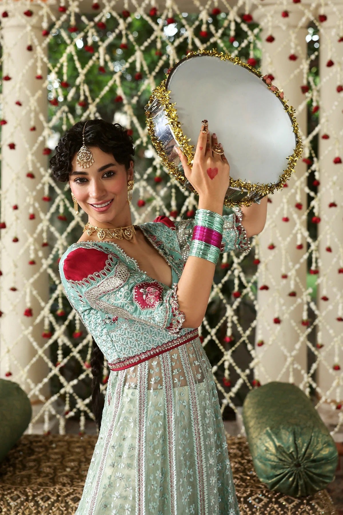 Afrozeh Zanzar Style — Mairaz Aqua & Red Three-Piece Suit