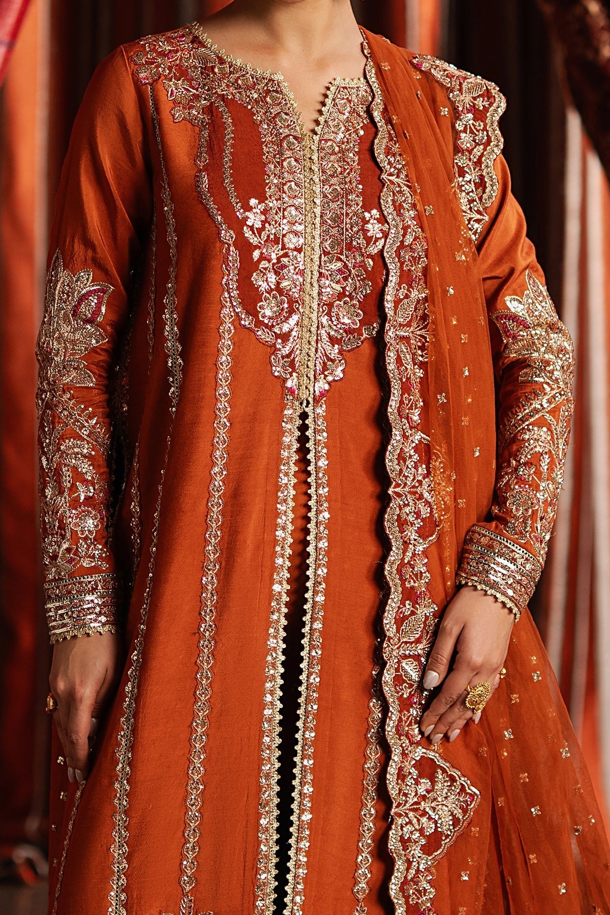 Afrozeh Aafreen Style — Mairaz Rust Three-Piece Suit