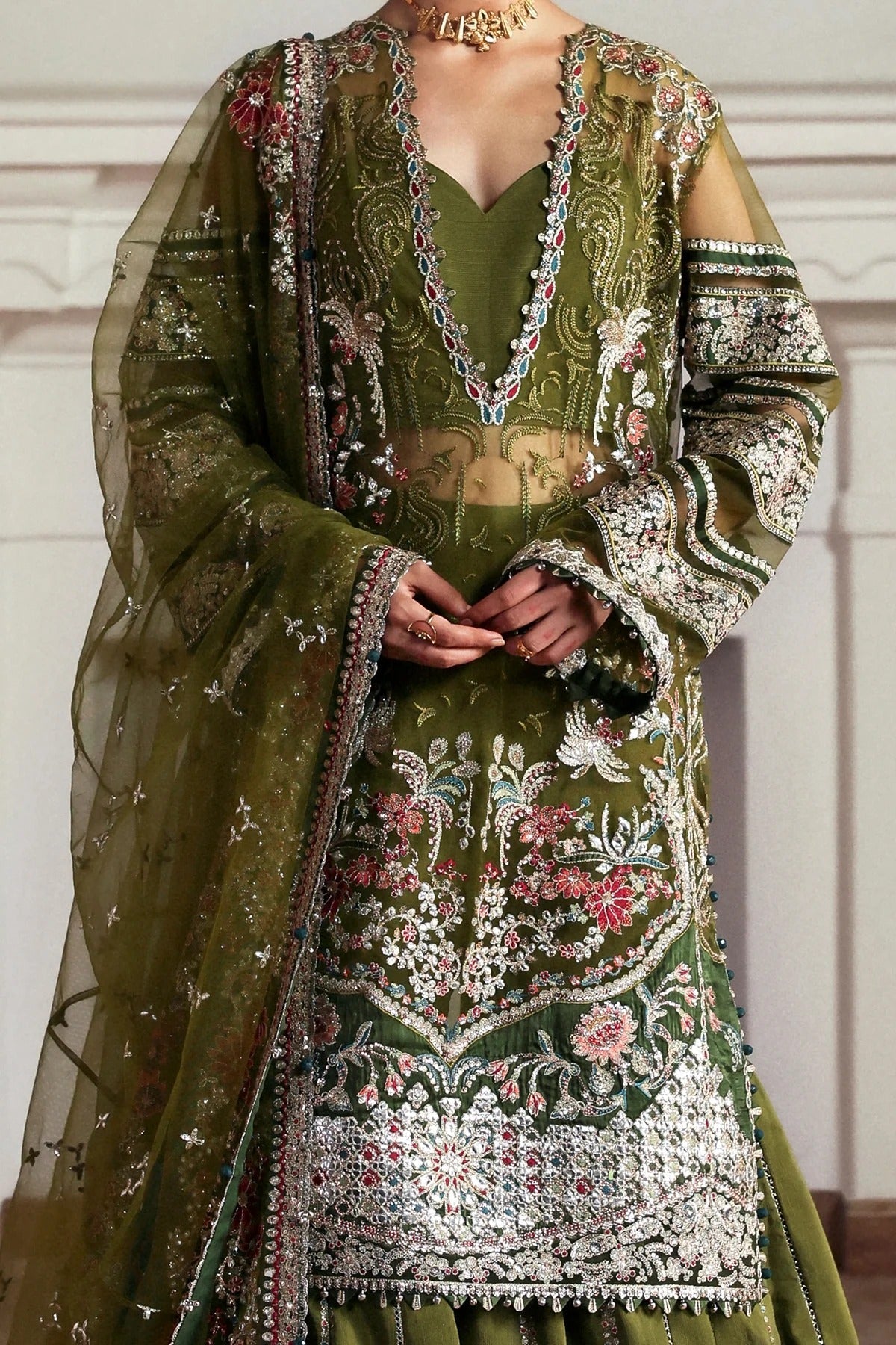 Afrozeh Zoon Style — Mairaz Olive & Green Three-Piece Suit