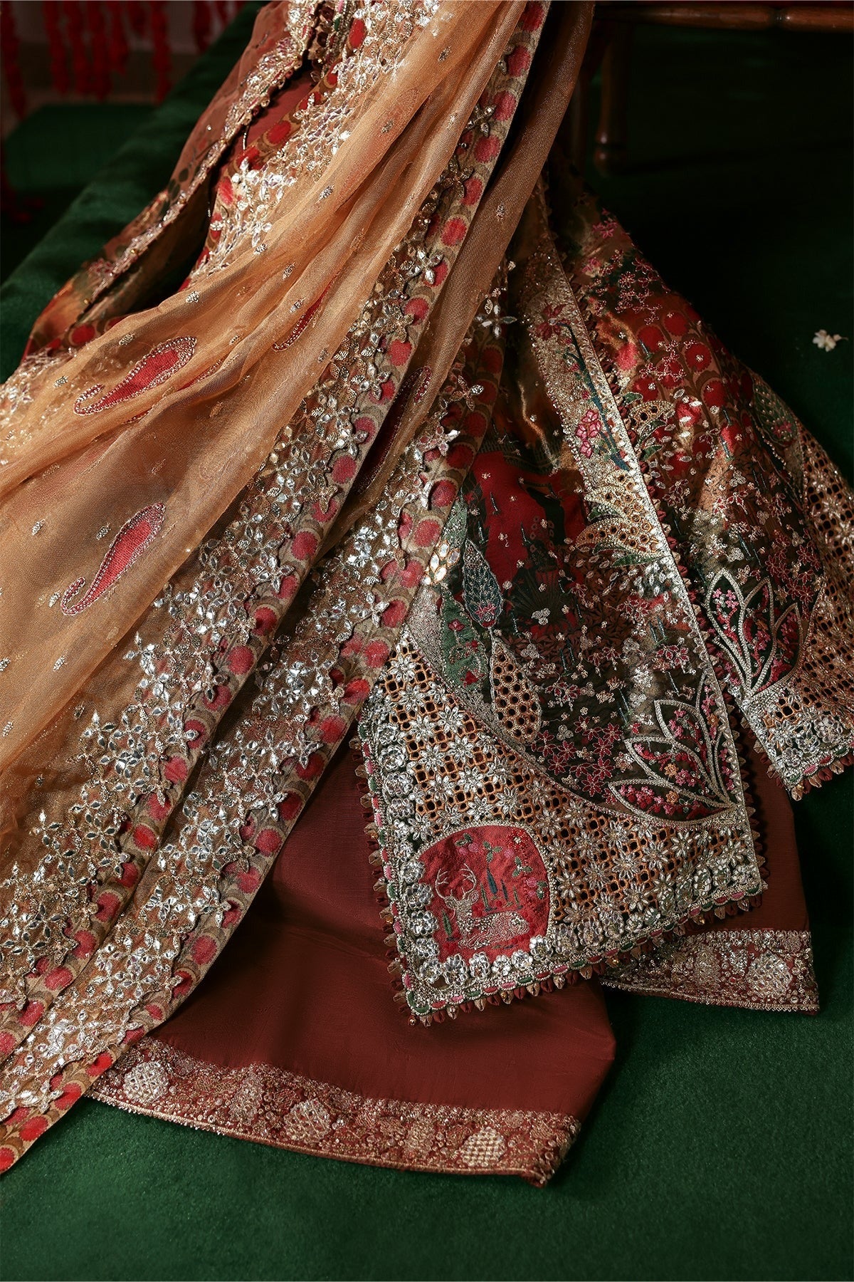 Afrozeh Poshna Style — Mairaz Peach & Green Three-Piece Suit
