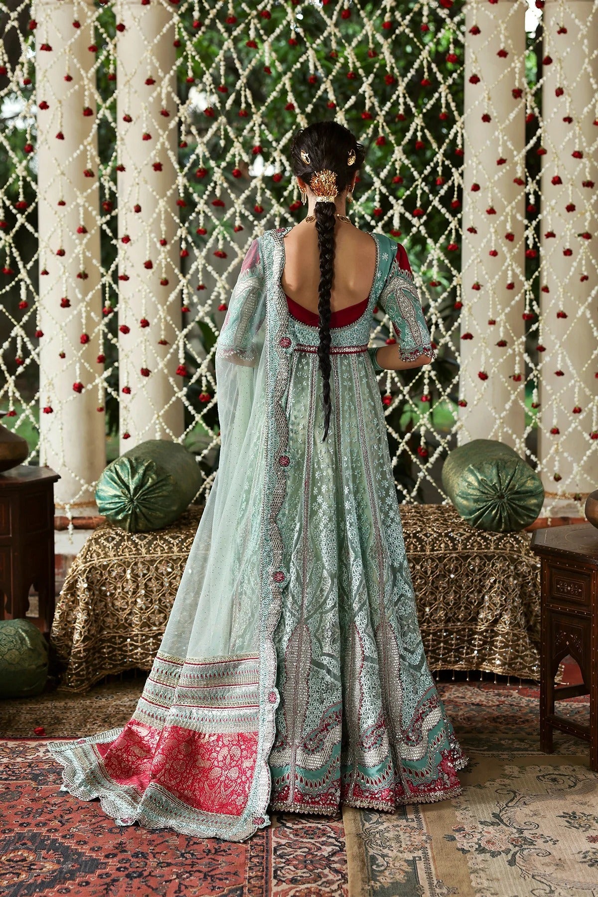 Afrozeh Zanzar Style — Mairaz Aqua & Red Three-Piece Suit