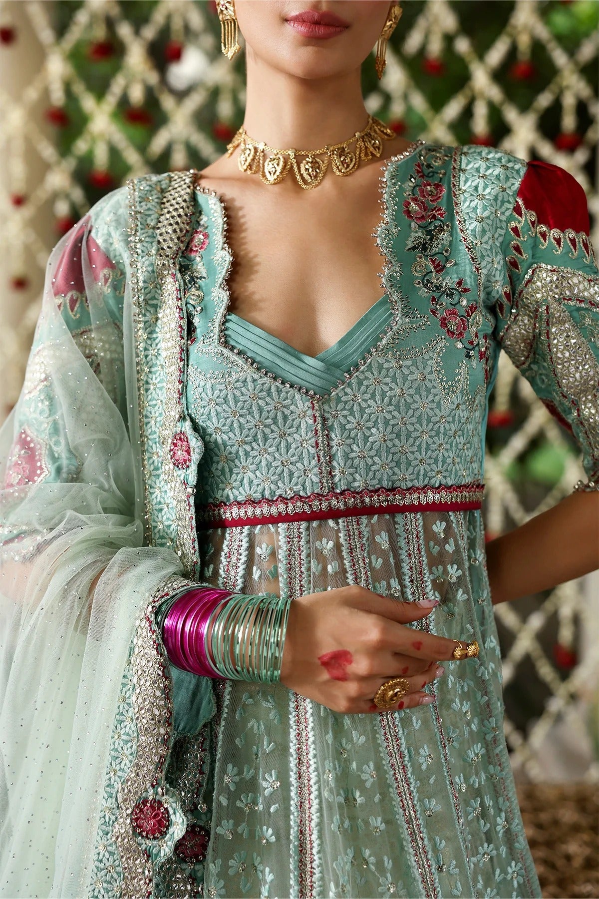 Afrozeh Zanzar Style — Mairaz Aqua & Red Three-Piece Suit