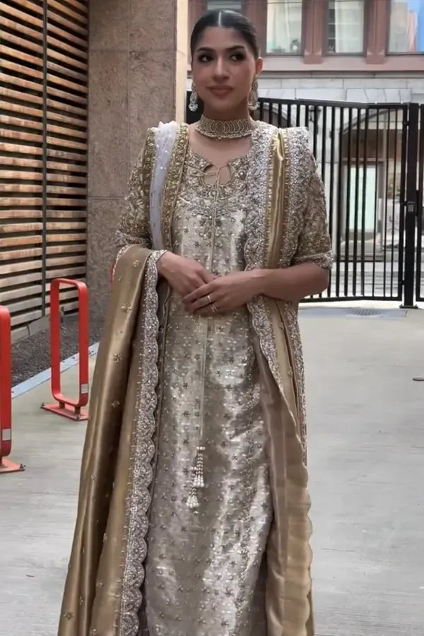 Noor-e-Haseen champagne gold formal outfit front view with satin dupatta