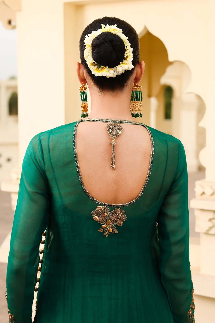 Noor-e-Sabz emerald green dress back neckline embroidery detail