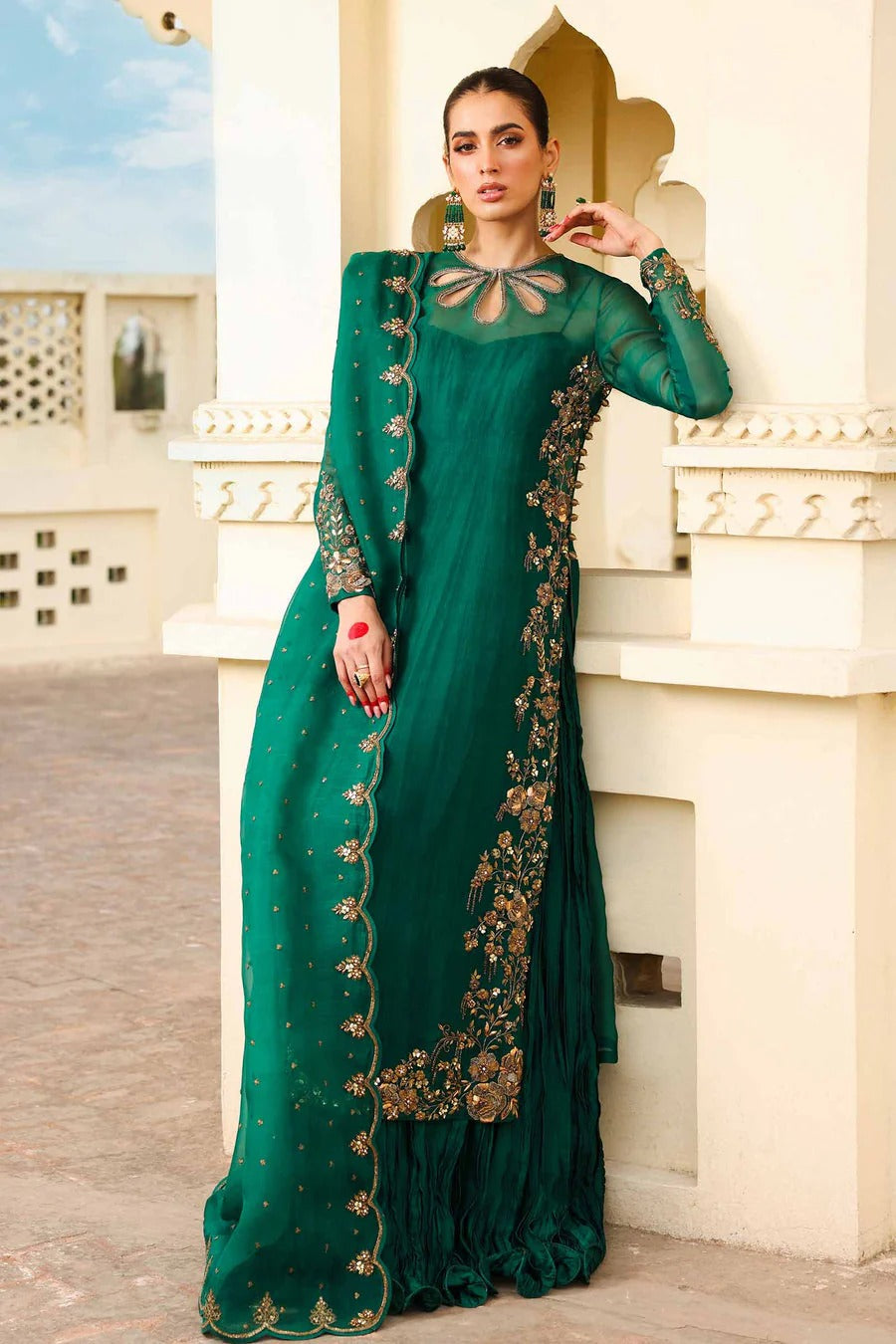 Noor-e-Sabz emerald green formal outfit front view with draped dupatta