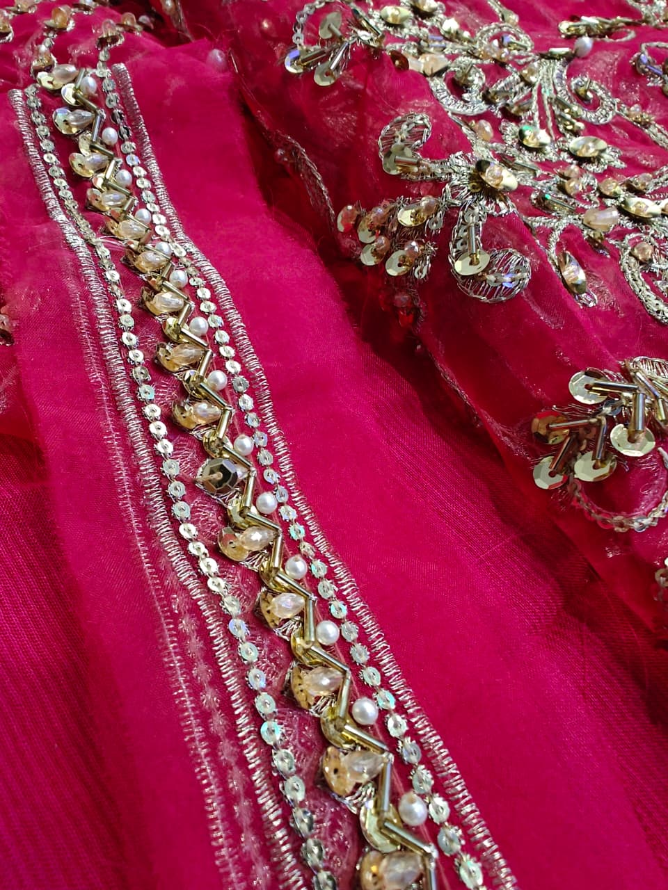 Kanwal Malik Haniya style — Mairaz raspberry fabric and embroidery detail, view 1 of 9