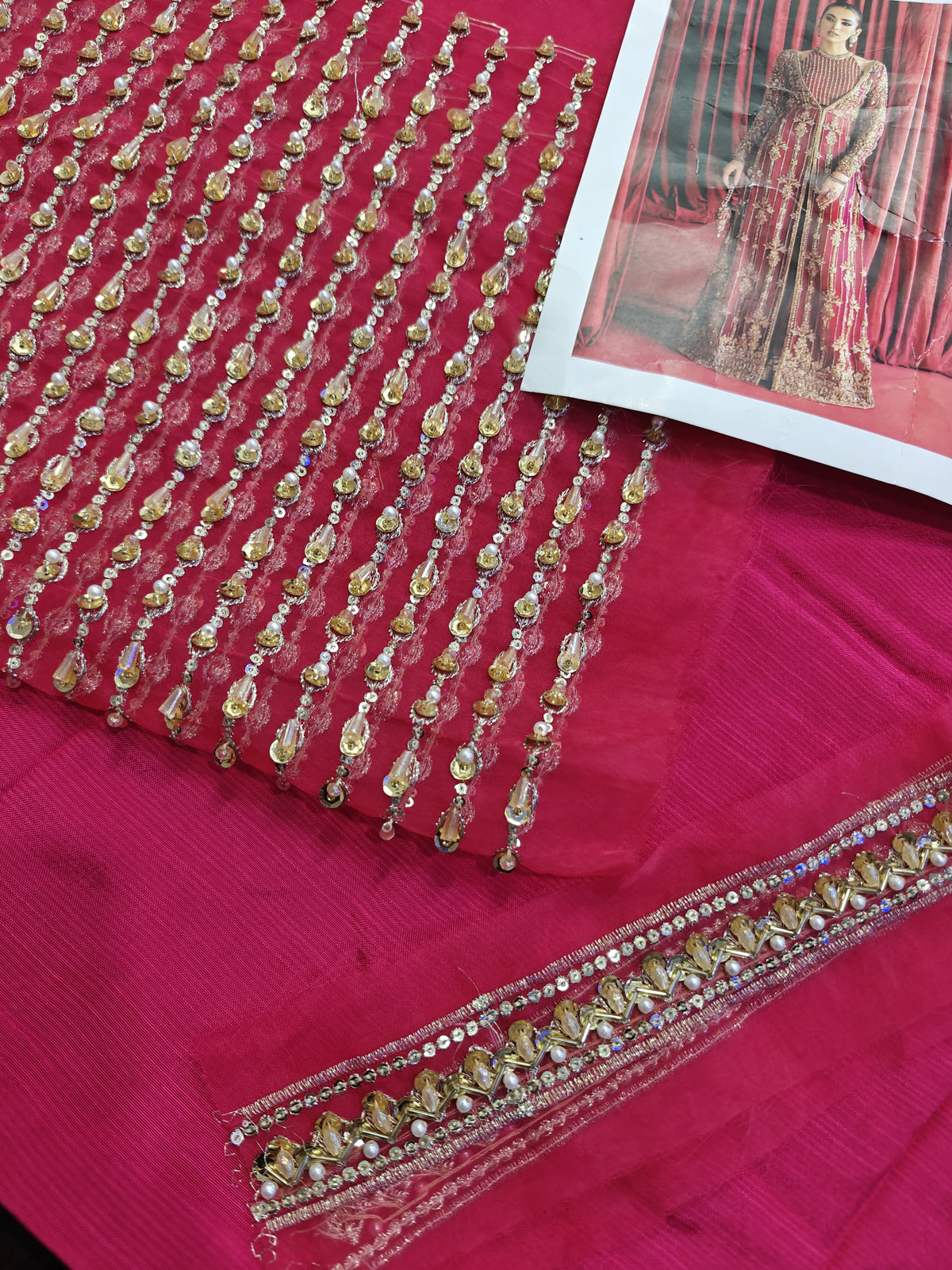 Kanwal Malik Haniya style — Mairaz raspberry fabric and embroidery detail, view 2 of 9