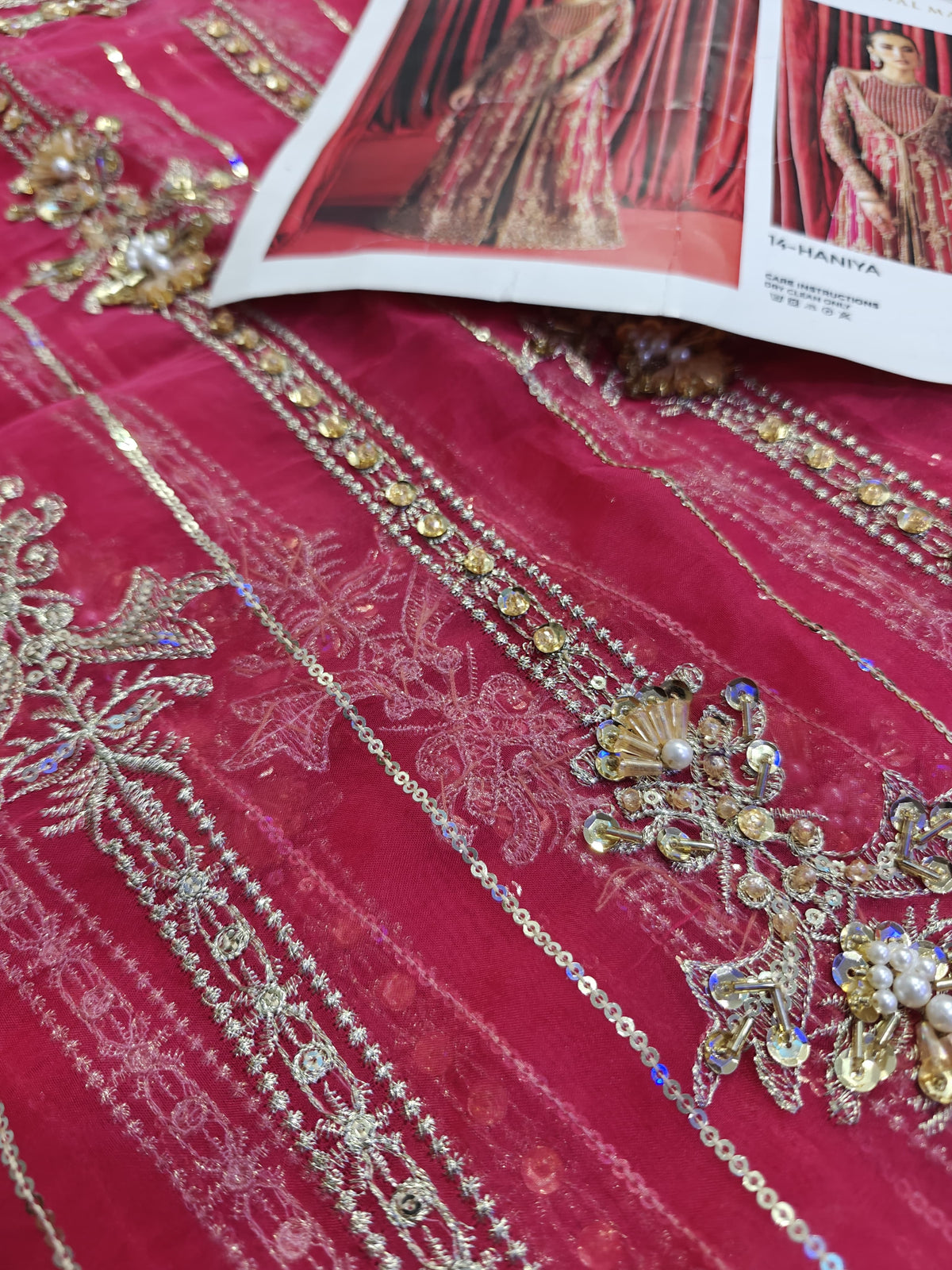 Kanwal Malik Haniya style — Mairaz raspberry fabric and embroidery detail, view 4 of 9