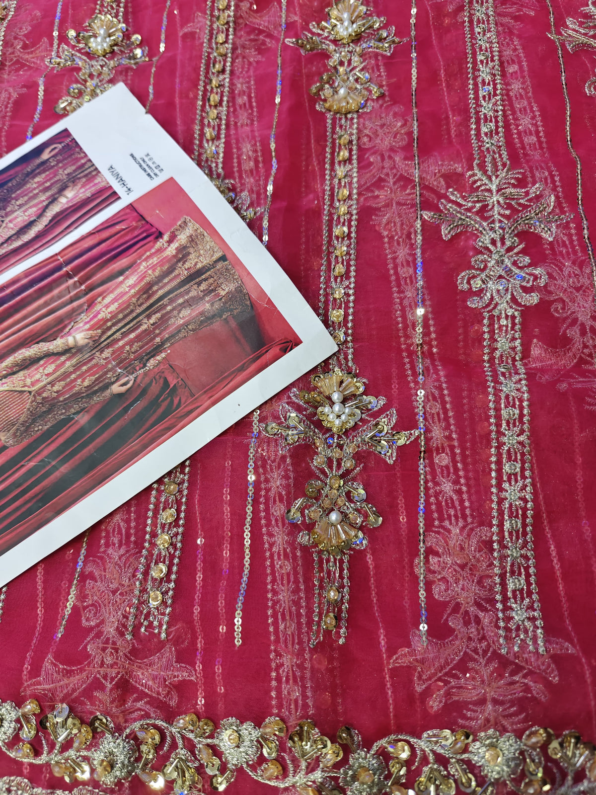 Kanwal Malik Haniya style — Mairaz raspberry fabric and embroidery detail, view 5 of 9