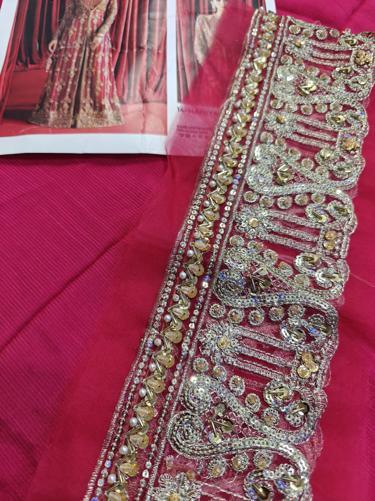 Kanwal Malik Haniya style — Mairaz raspberry fabric and embroidery detail, view 7 of 9