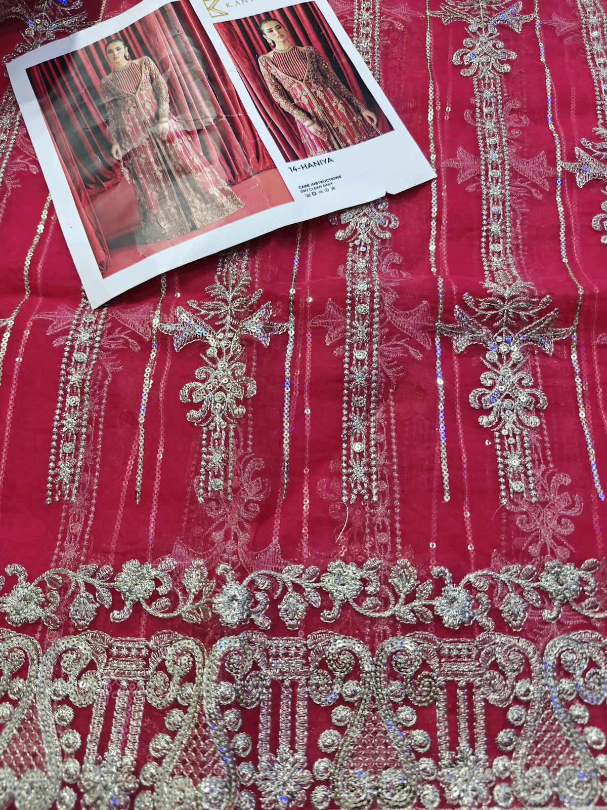 Kanwal Malik Haniya style — Mairaz raspberry fabric and embroidery detail, view 8 of 9