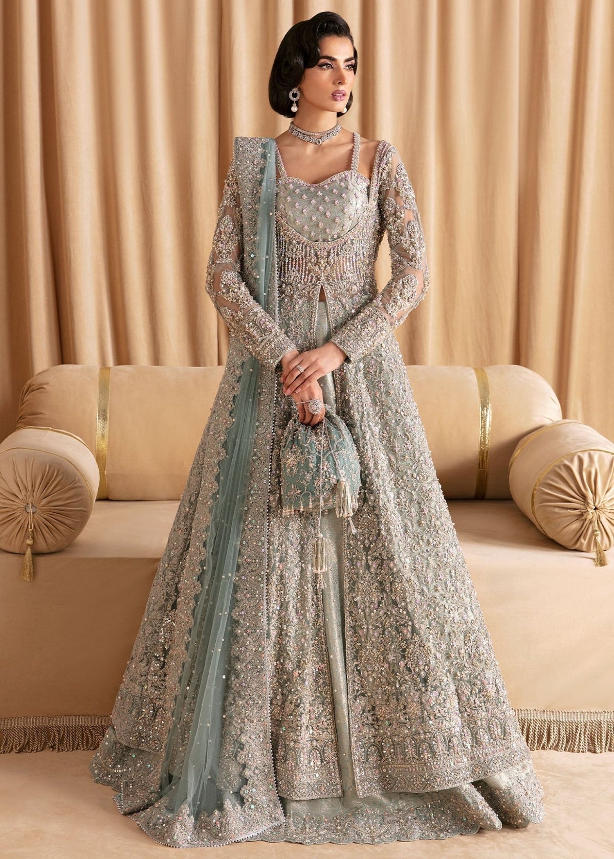Kanwal Malik Rija style light blue pishwas lehenga full outfit front view