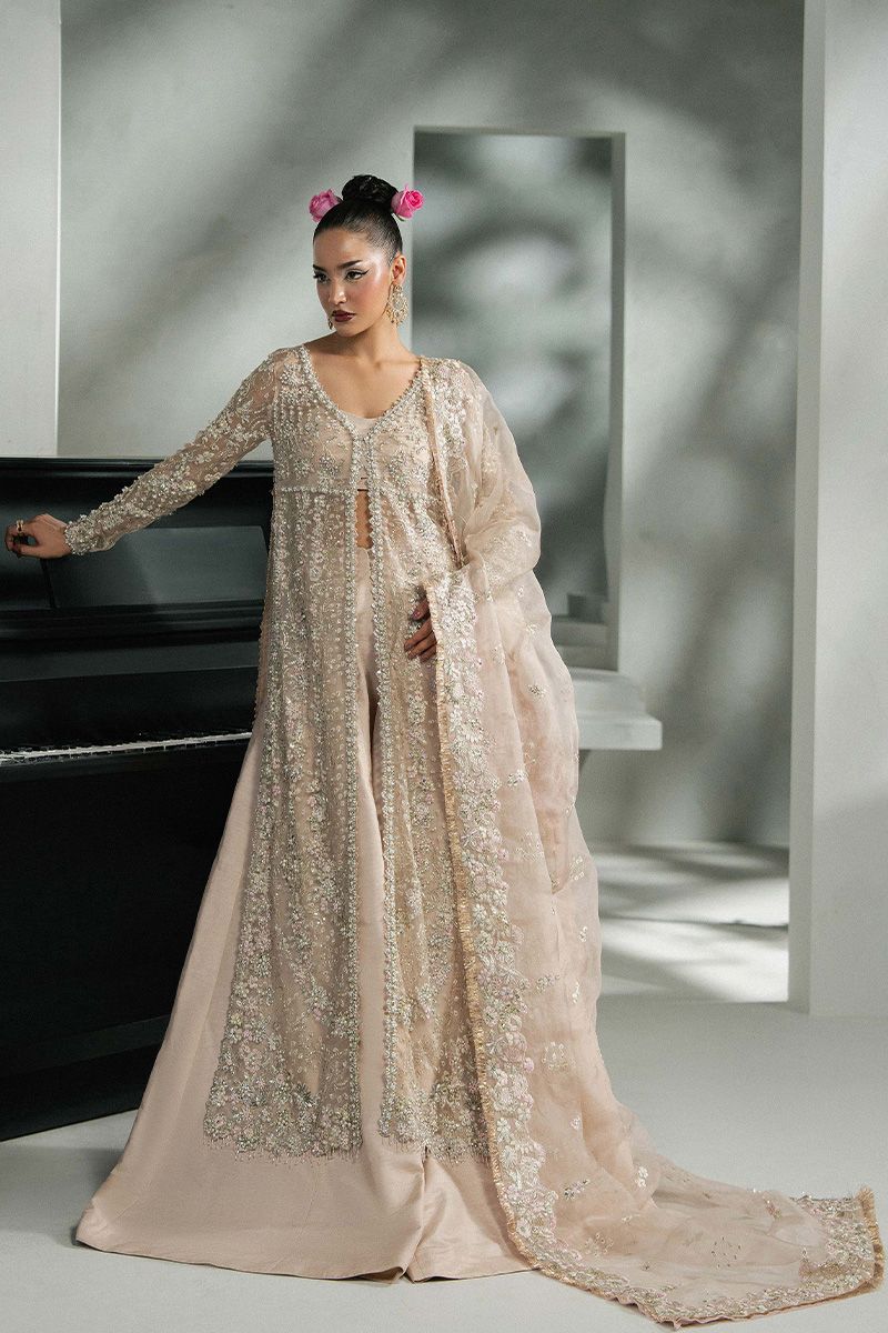 Khakaa Alicia Style by MAIRAZ — full-length front view of ivory-gold organza shirt and flared trousers