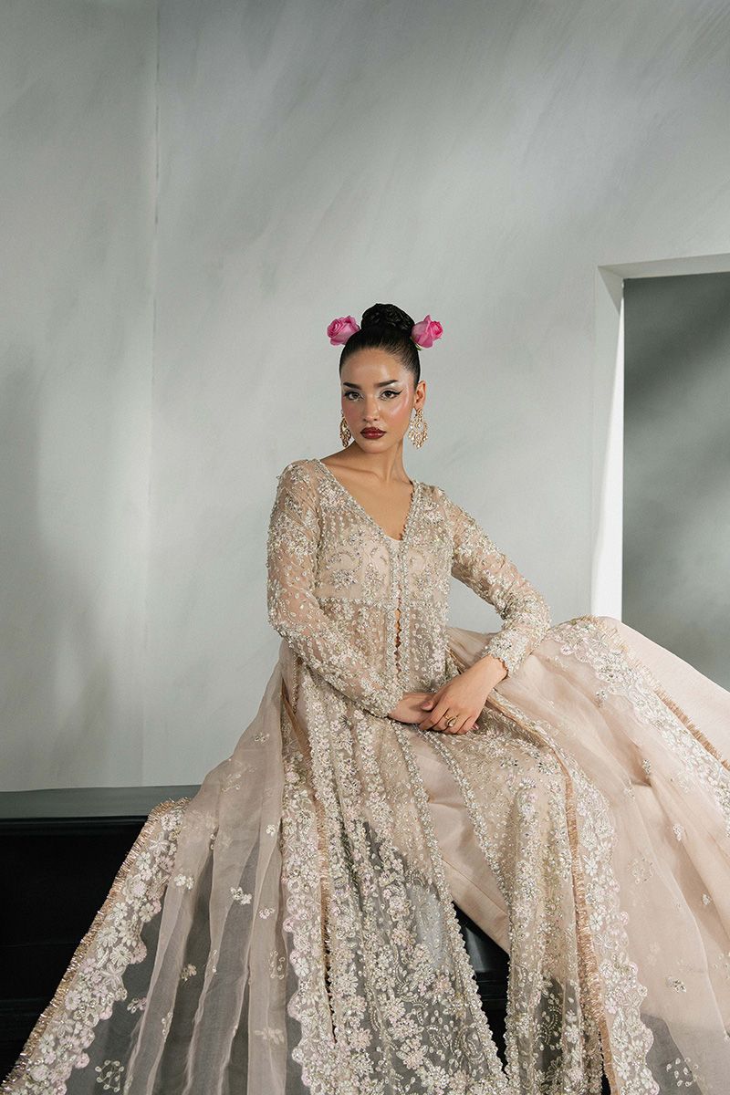 Khakaa Alicia Style by MAIRAZ — seated view showing front-open shirt and draped dupatta