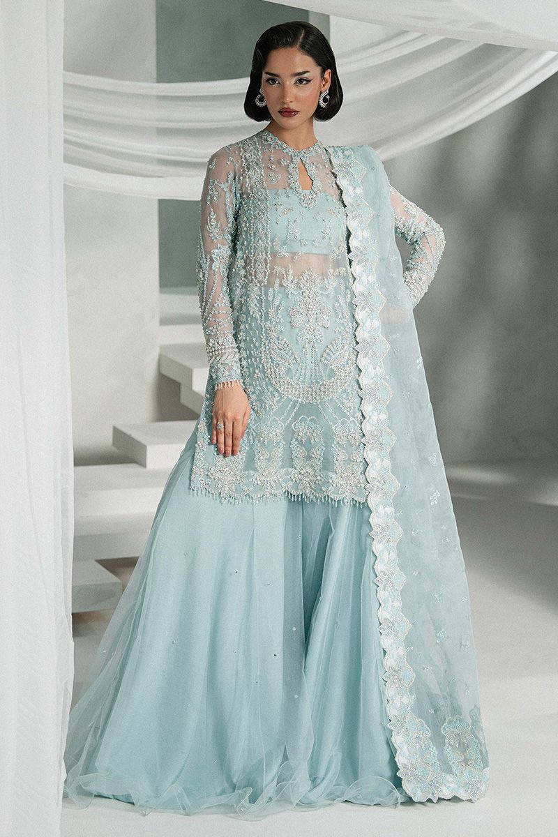 Khakaa Elyra Style by MAIRAZ — full-length front view of frozen-blue shirt, net sharara and dupatta