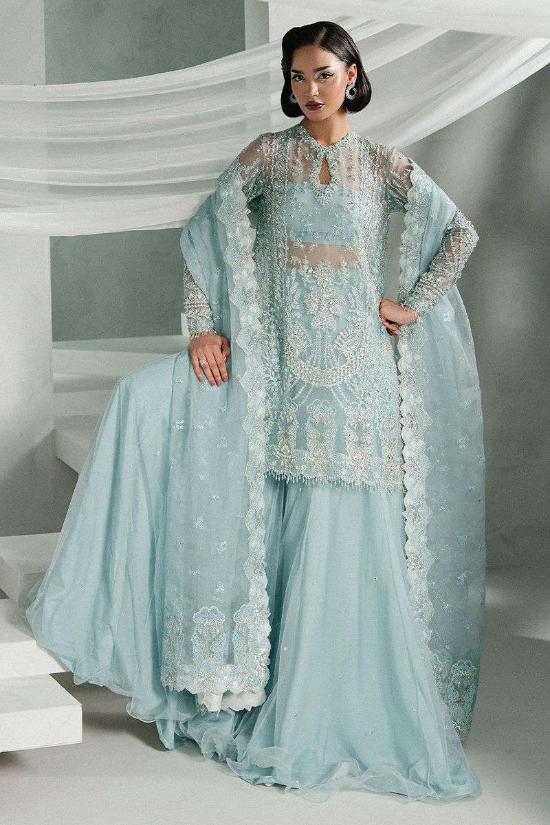 Khakaa Elyra Style by MAIRAZ — flared sharara and dupatta pallu displayed from the front
