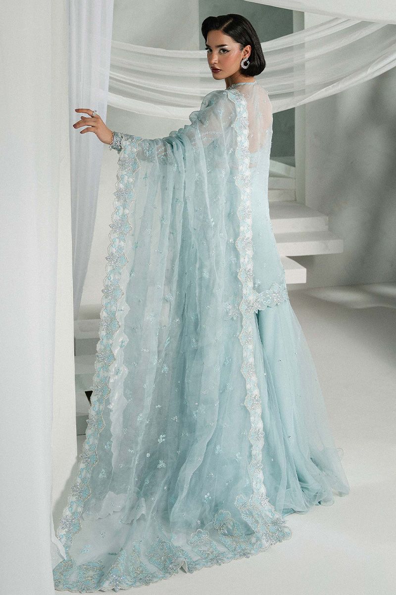 Khakaa Elyra Style by MAIRAZ — back view with scalloped dupatta border and embroidered pallu