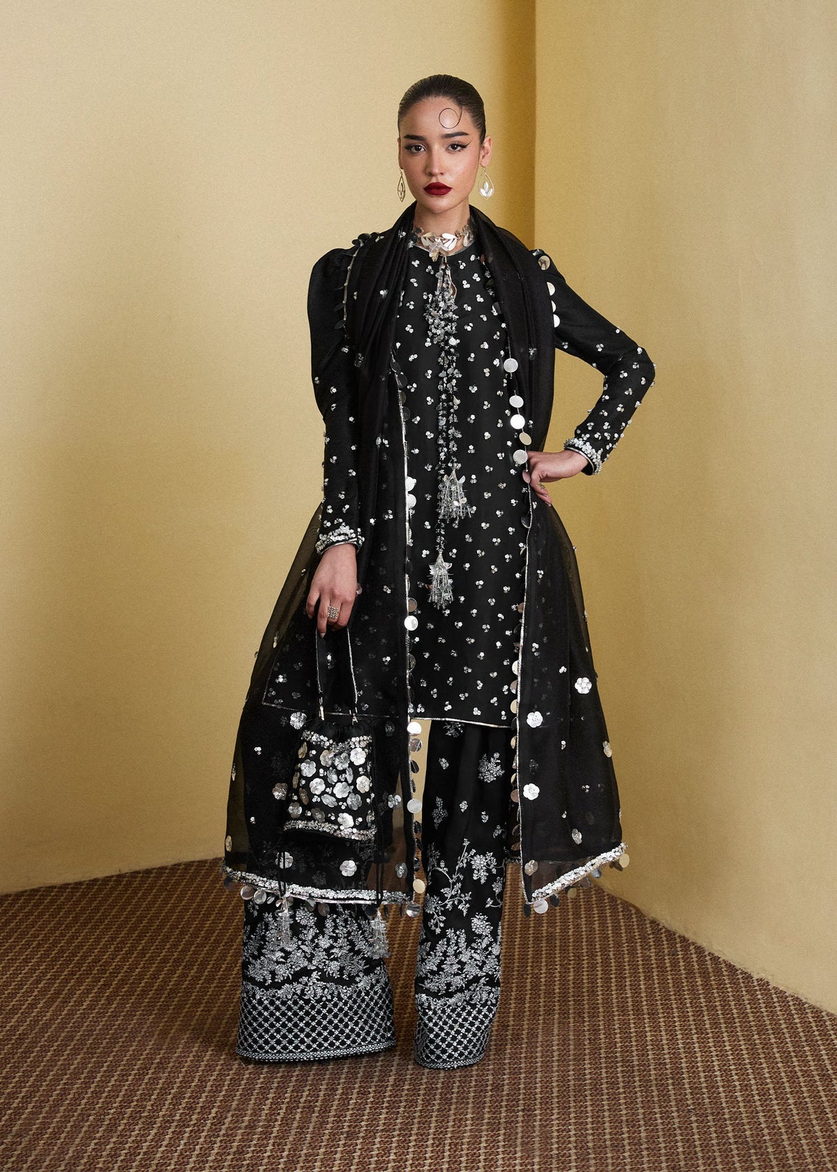 Hussain Rehar Kiara style jet black embroidered luxury ensemble – product view 1