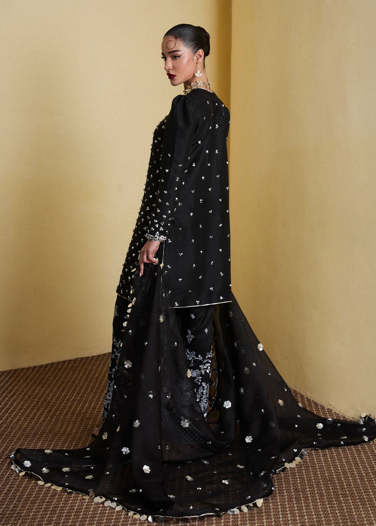 Hussain Rehar Kiara style jet black embroidered luxury ensemble – product view 3