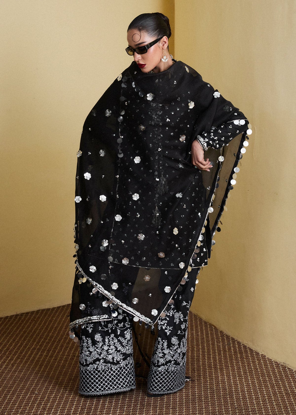 Hussain Rehar Kiara style jet black embroidered luxury ensemble – product view 4
