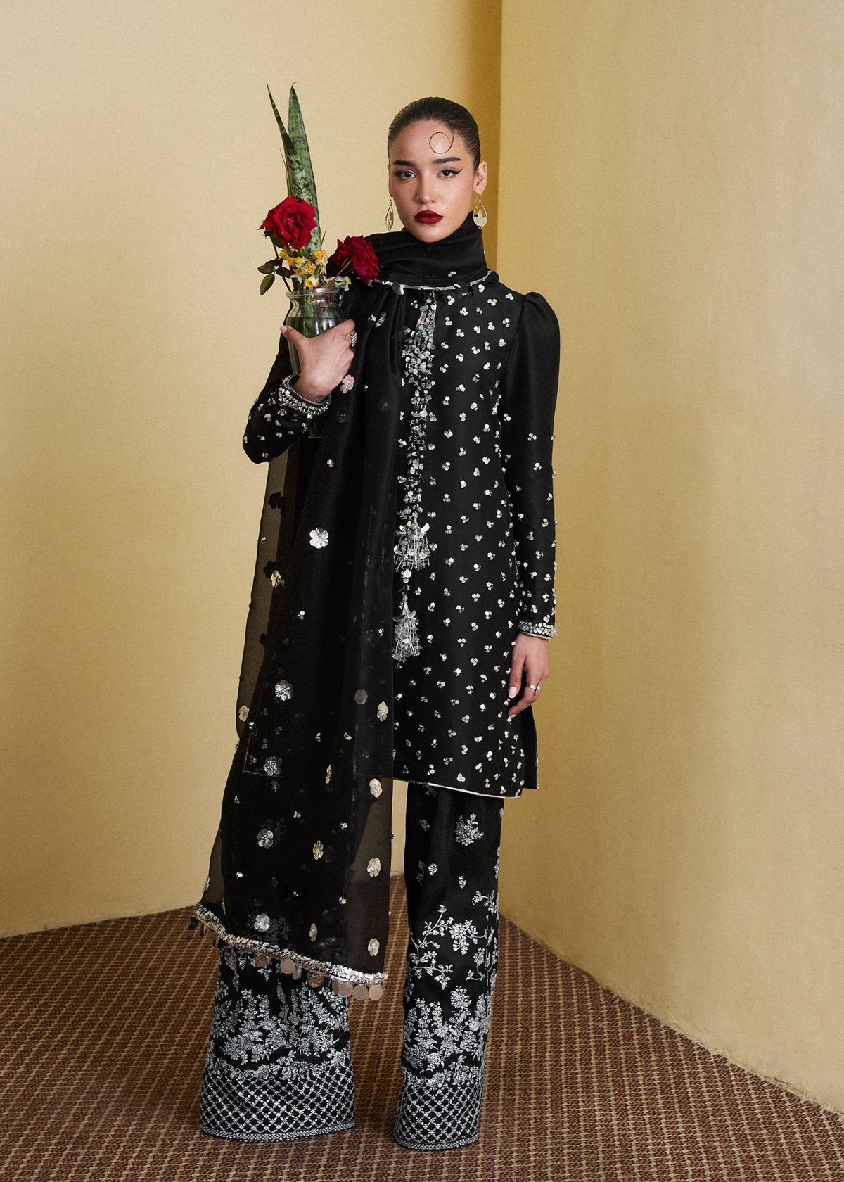 Hussain Rehar Kiara style jet black embroidered luxury ensemble – product view 5