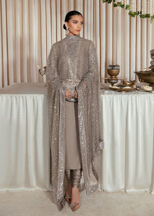 Hussain Rehar Lucent style — Mairaz grey raw silk three-piece suit reference, view 1 of 13