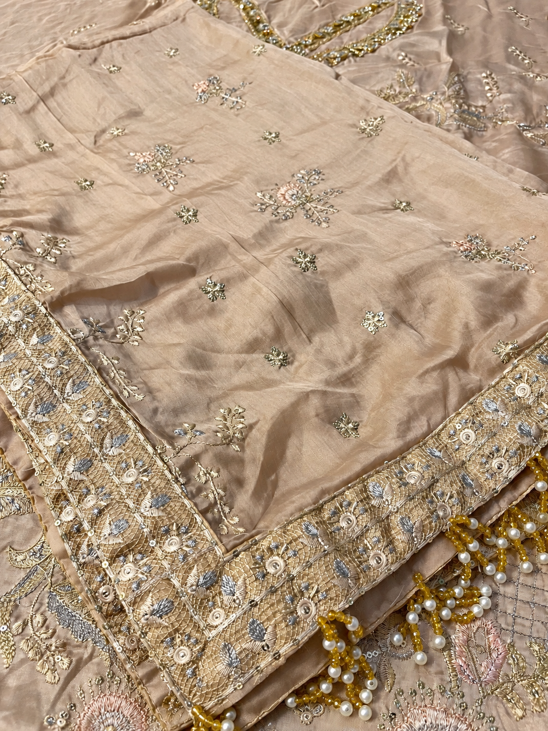 Aashnai dupatta embroidered border and beaded edge — retouched fabric reference