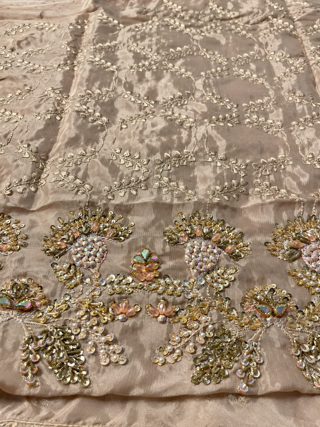 Aashnai embellished border with reflective stones and pearl-like accents — retouched fabric reference
