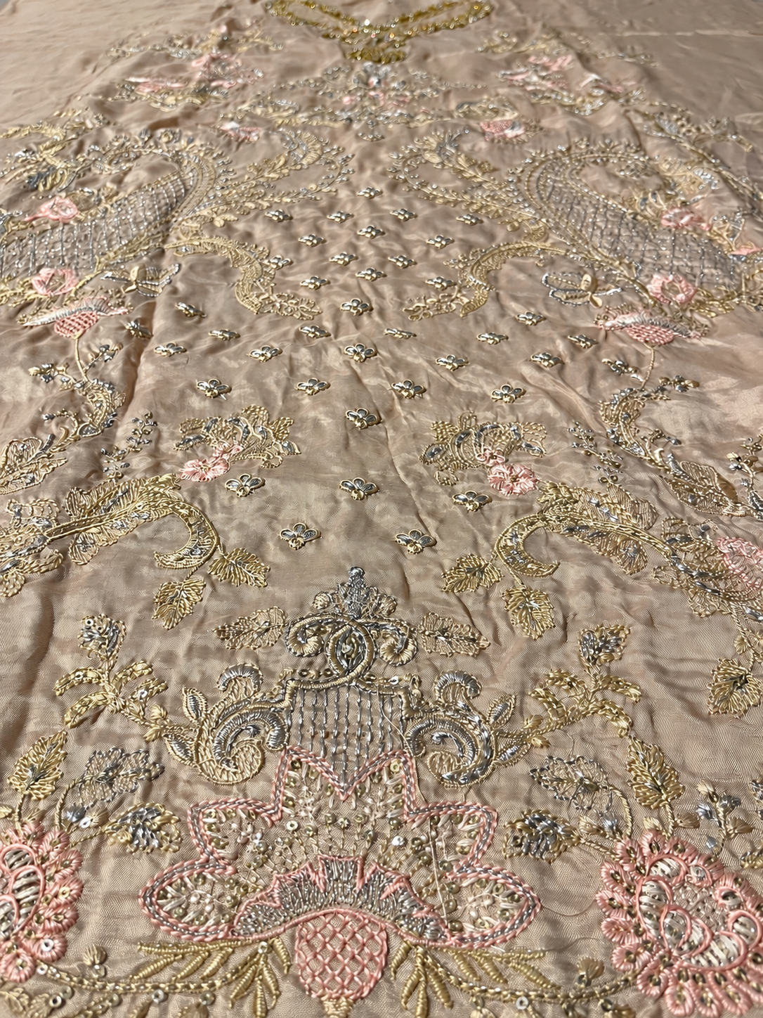 Aashnai champagne beige floral front embroidery — retouched fabric reference
