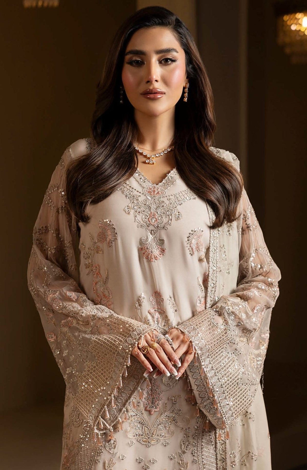 Aashnai style neckline, blush embroidery and flared cuff detail