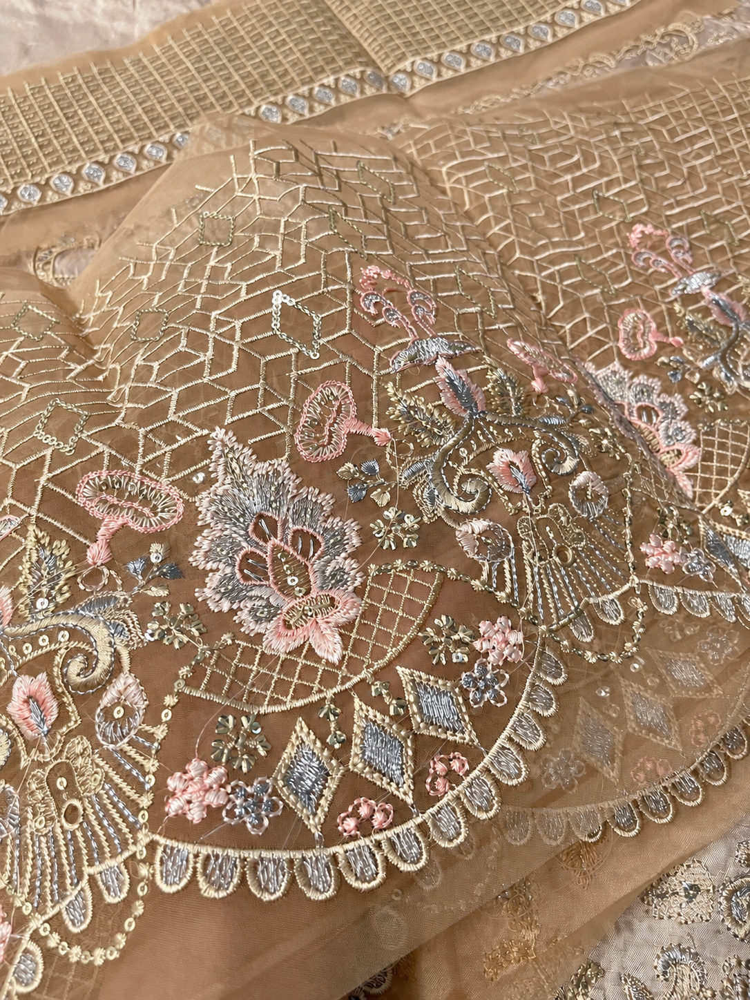 Aashnai sheer geometric lacework and blush floral embroidery — retouched fabric reference
