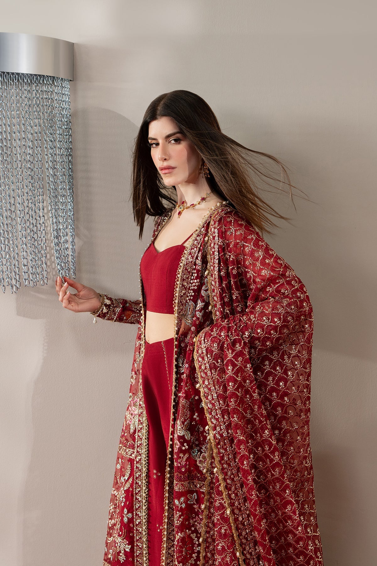 Florentine, made by MAIRAZ — red sharara, three-quarter view