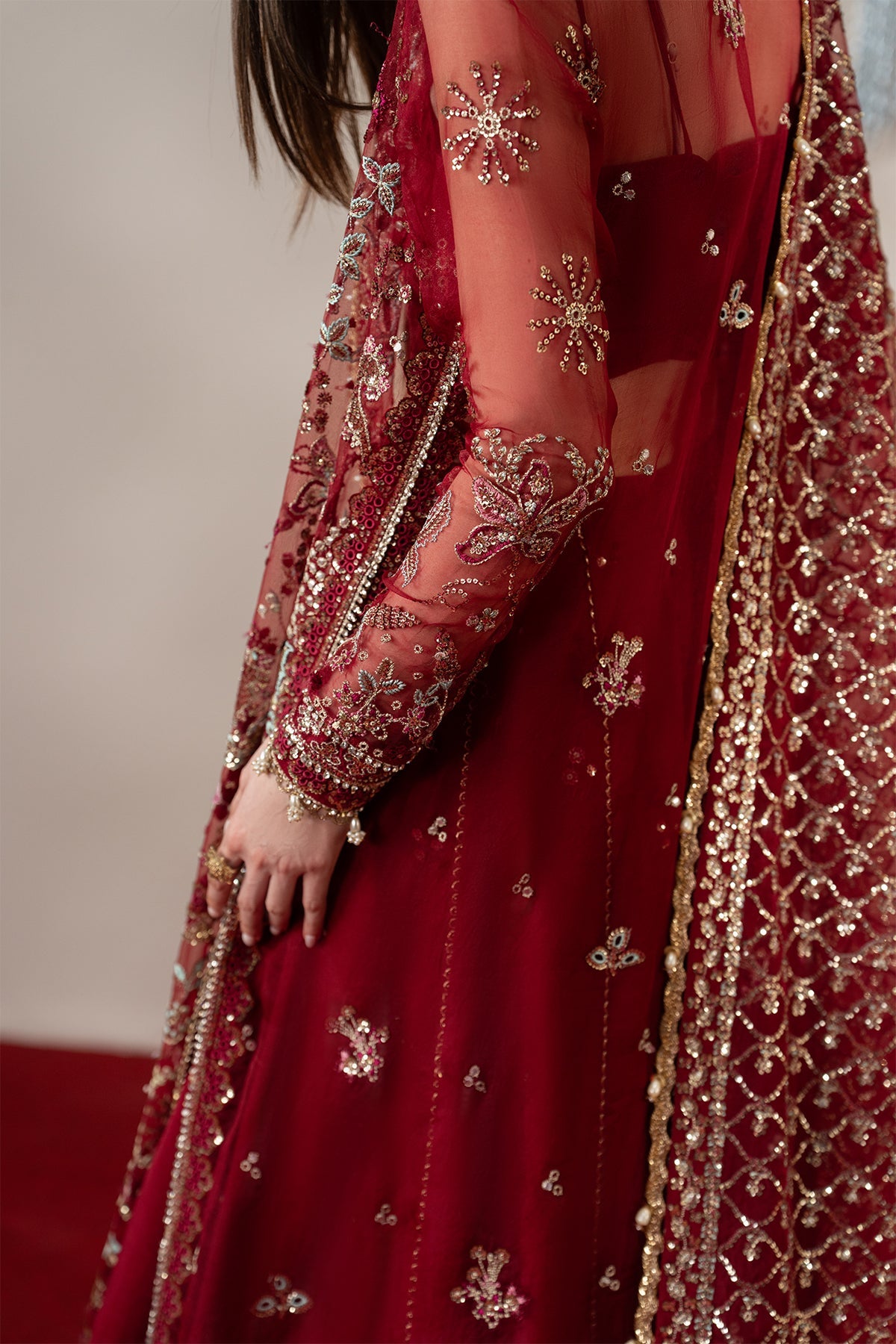 Florentine, made by MAIRAZ — red sharara, sleeve embroidery close-up