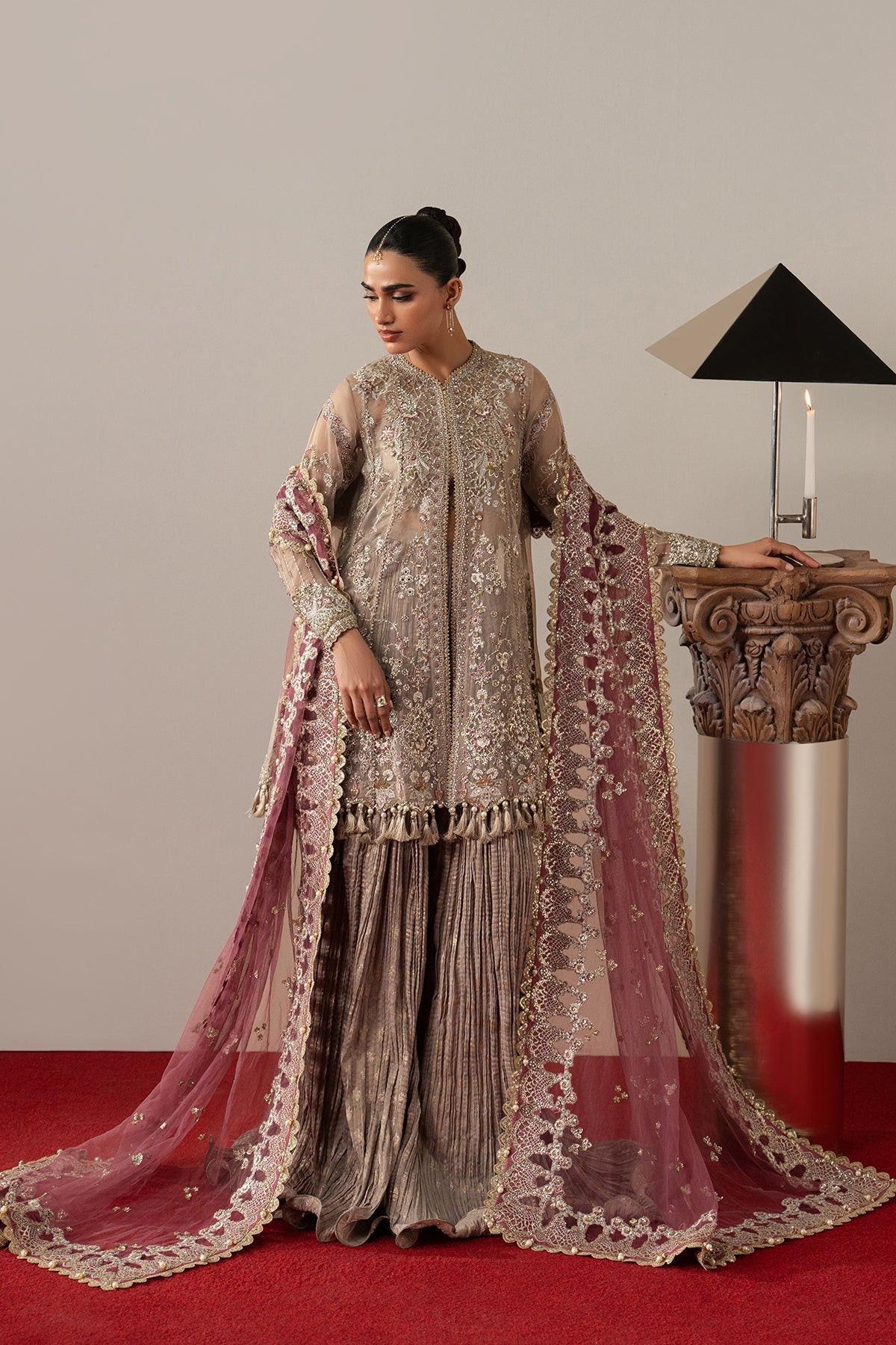 Gilded Grace, made by MAIRAZ — beige with carrot pink dupatta lehenga suit, full-length front view