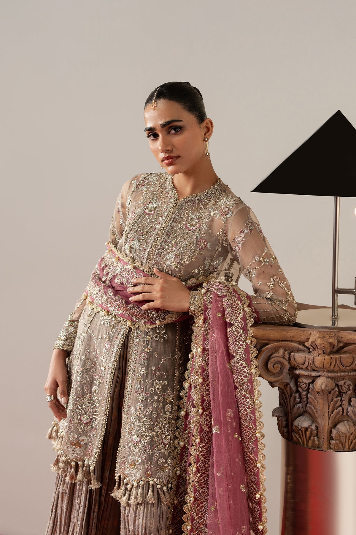 Gilded Grace, made by MAIRAZ — beige with carrot pink dupatta lehenga suit, three-quarter outfit view