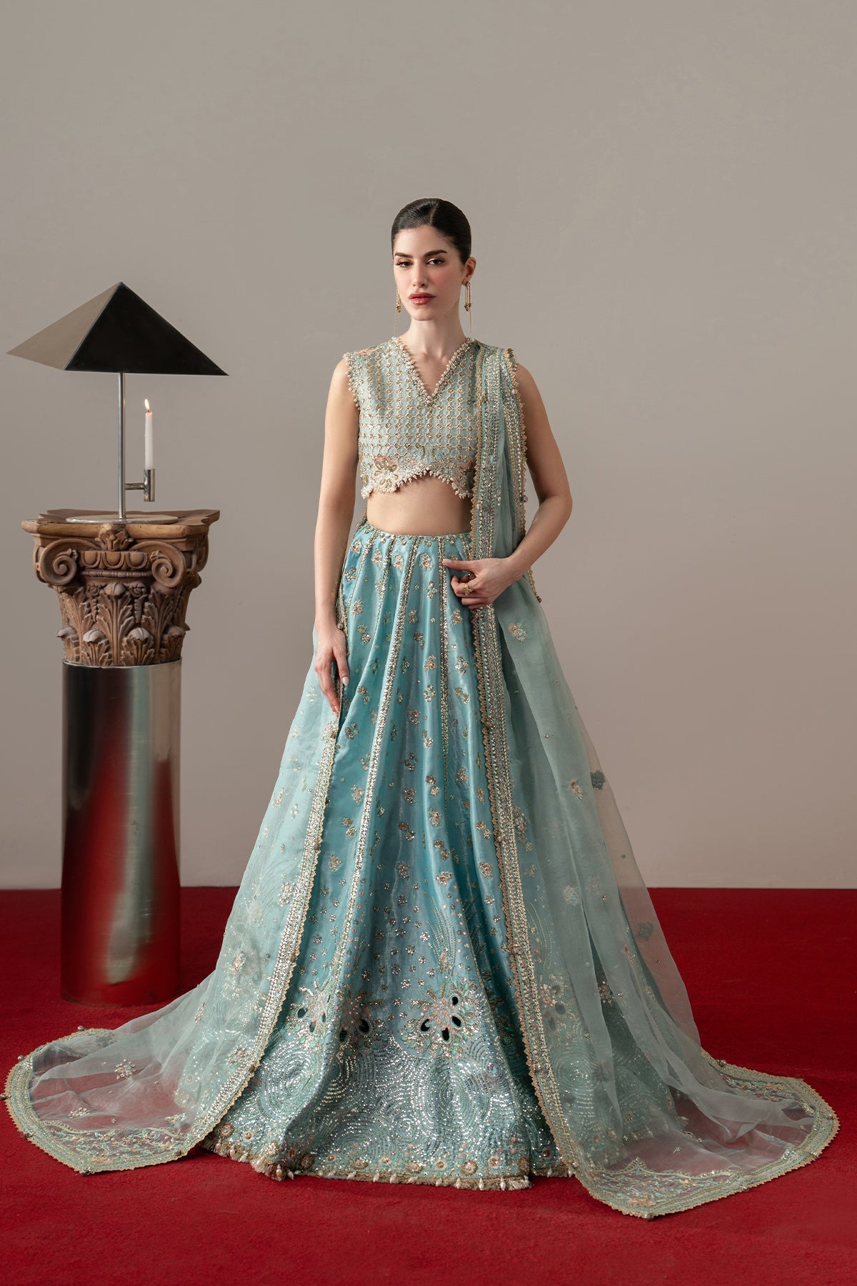 Grandezza, made by MAIRAZ — light and dark ferozi lehenga choli, full-length front view