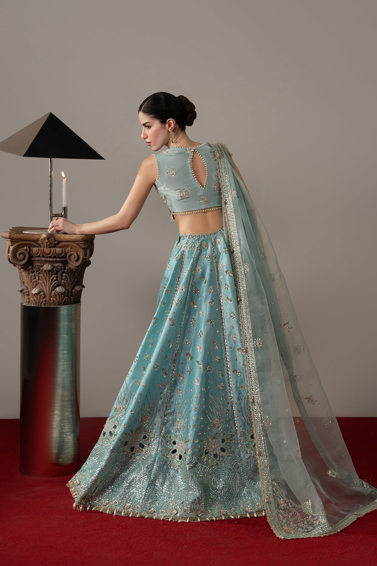 Grandezza, made by MAIRAZ — light and dark ferozi lehenga choli, rear view