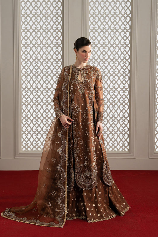 Isadora, made by MAIRAZ — dark brown lehenga suit, full-length front view