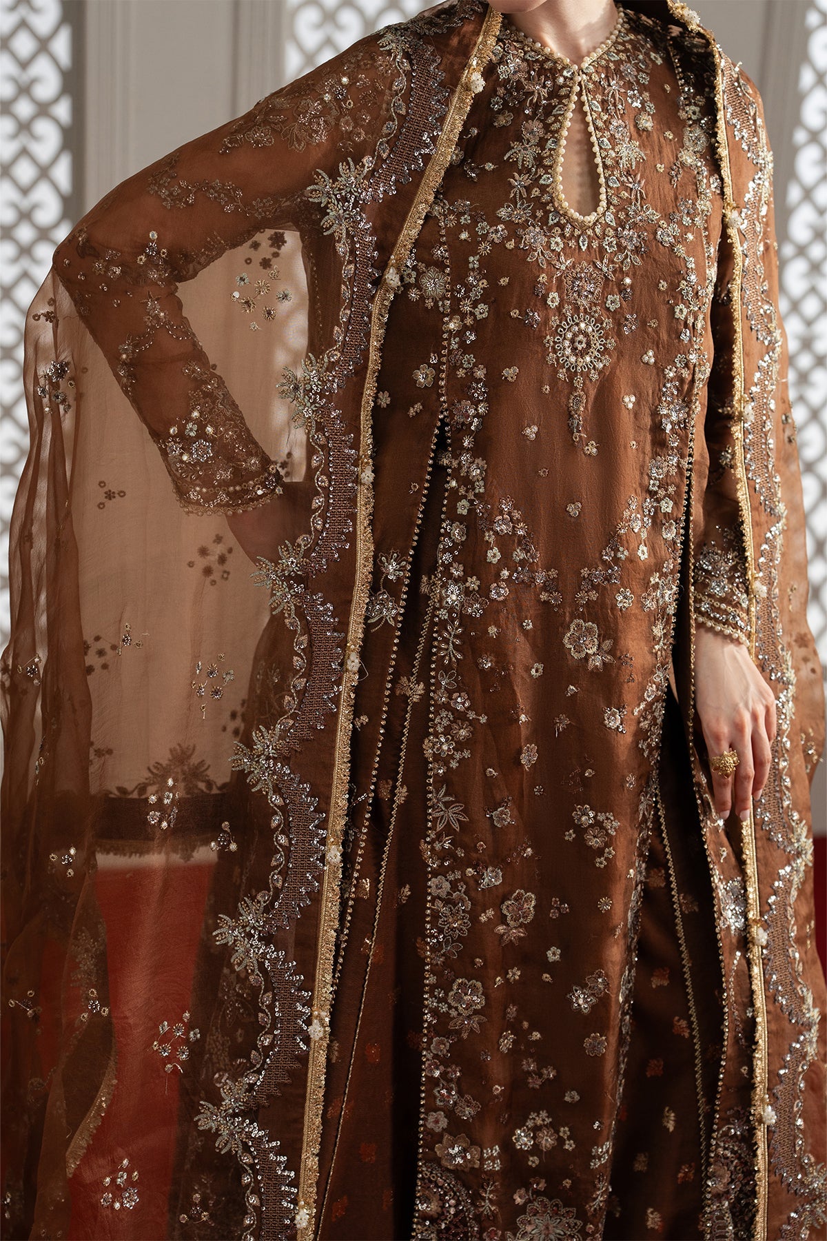 Isadora, made by MAIRAZ — dark brown lehenga suit, front embroidery and dupatta detail