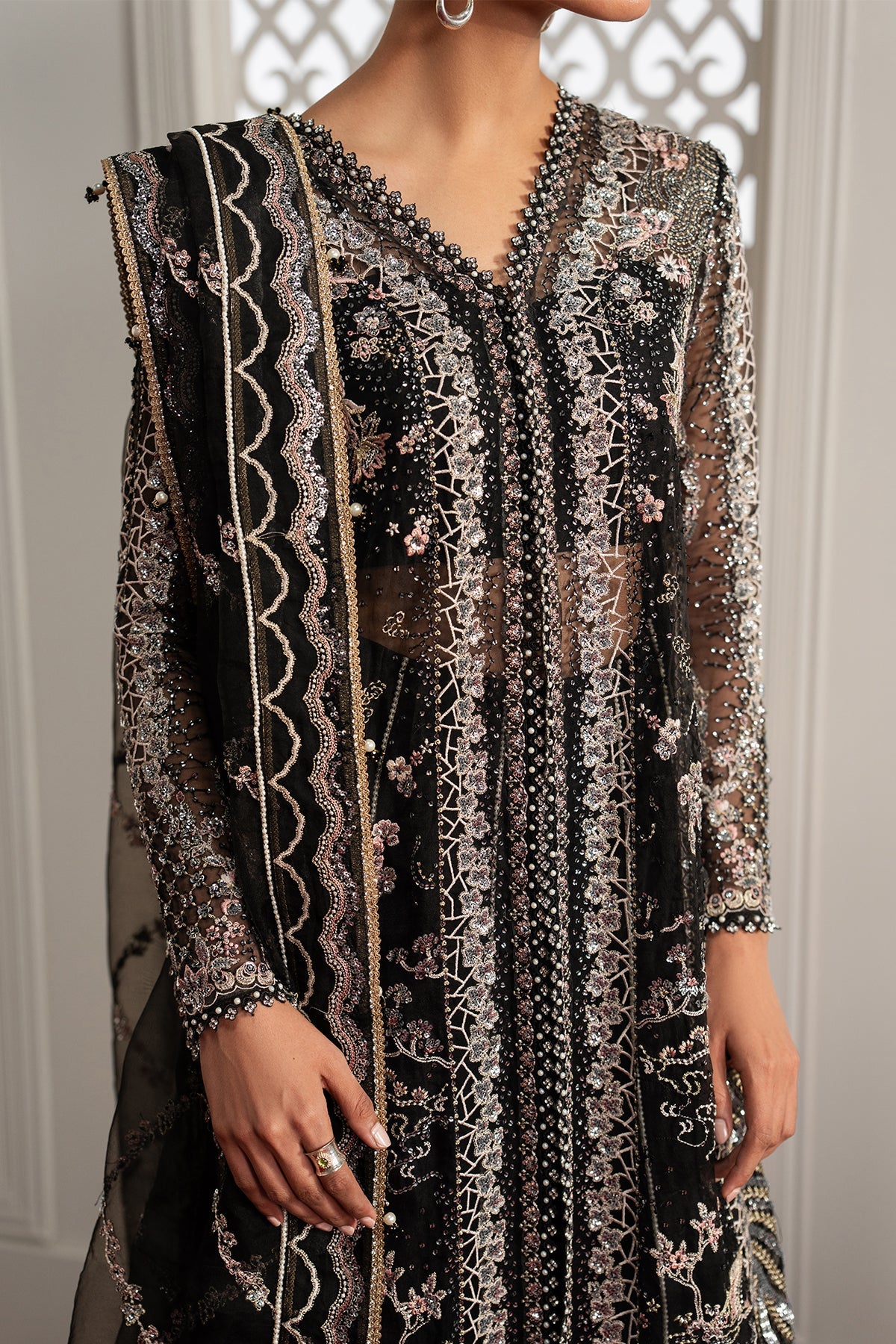 Magnifique, made by MAIRAZ — black sharara, neckline and front embroidery detail