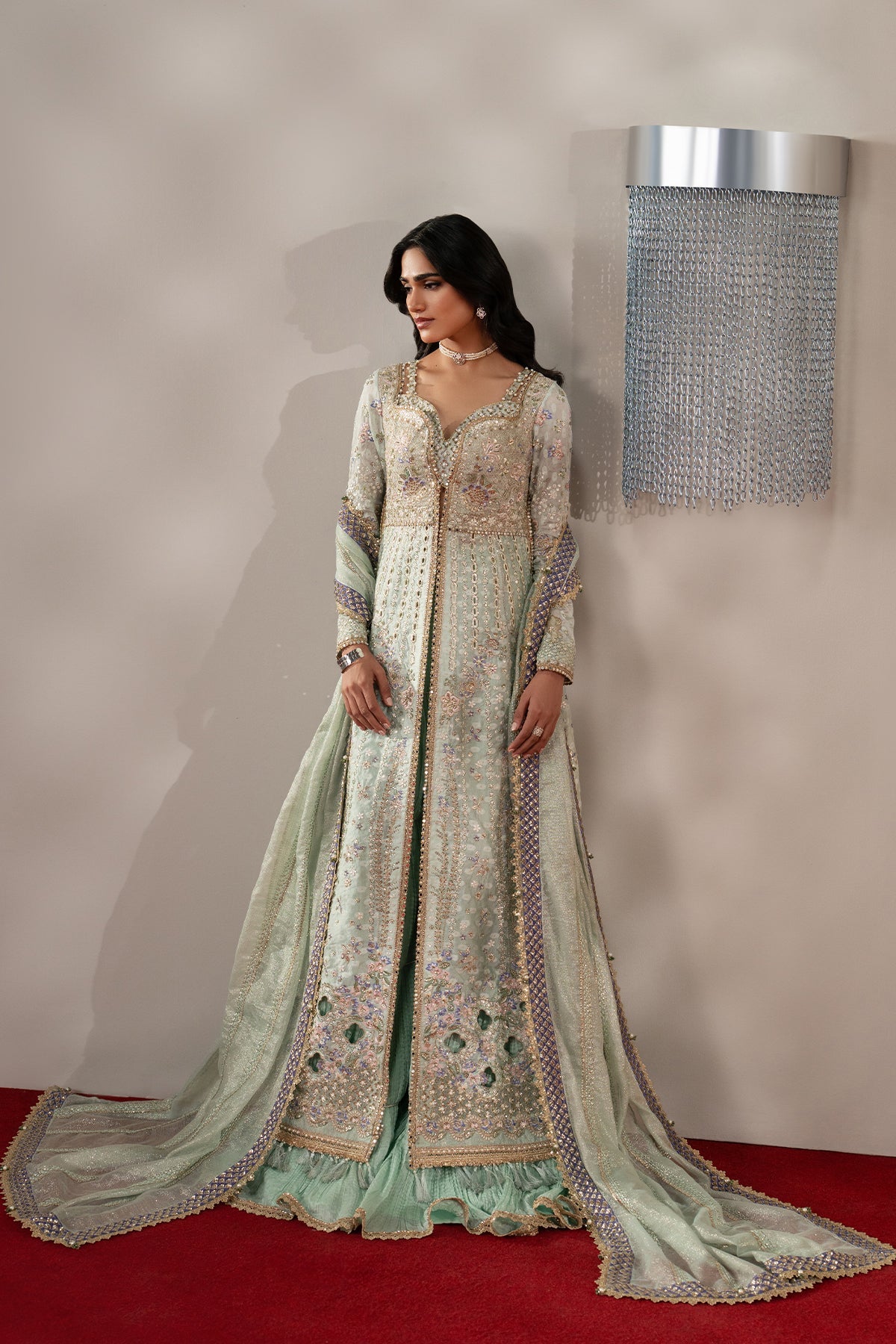 Marais, made by MAIRAZ — light green with purple accents sharara, full-length front view