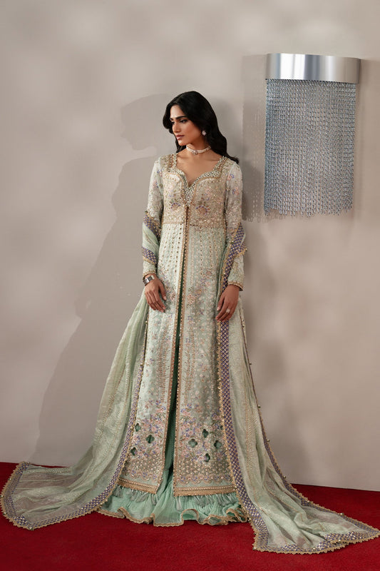 Marais, made by MAIRAZ — light green with purple accents sharara, full-length front view