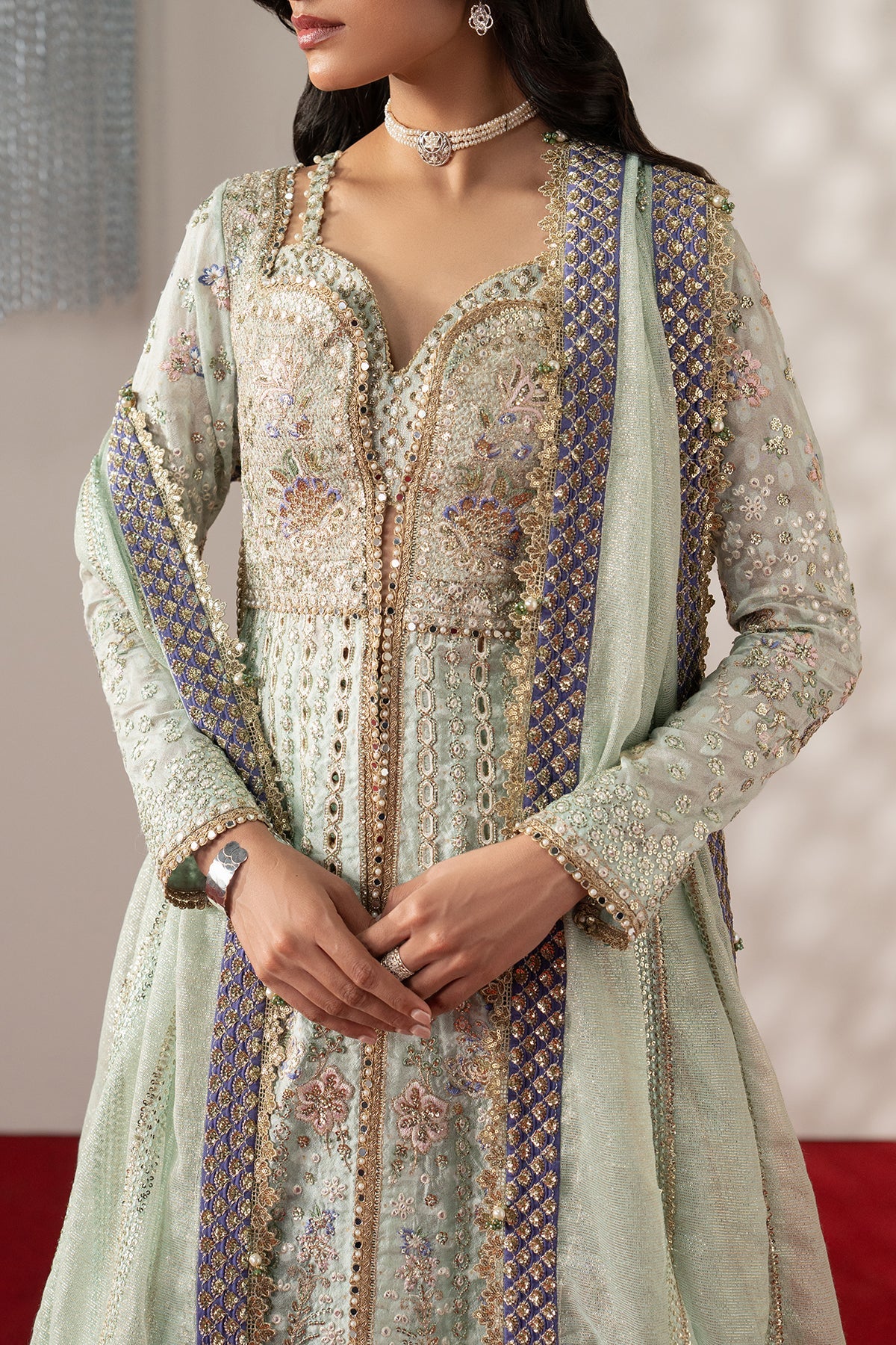 Marais, made by MAIRAZ — light green with purple accents sharara, bodice embroidery and dupatta border detail