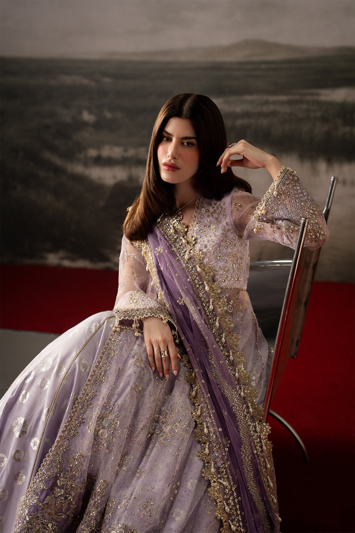 Monet, made by MAIRAZ — light purple lehenga suit, seated view showing lower and dupatta