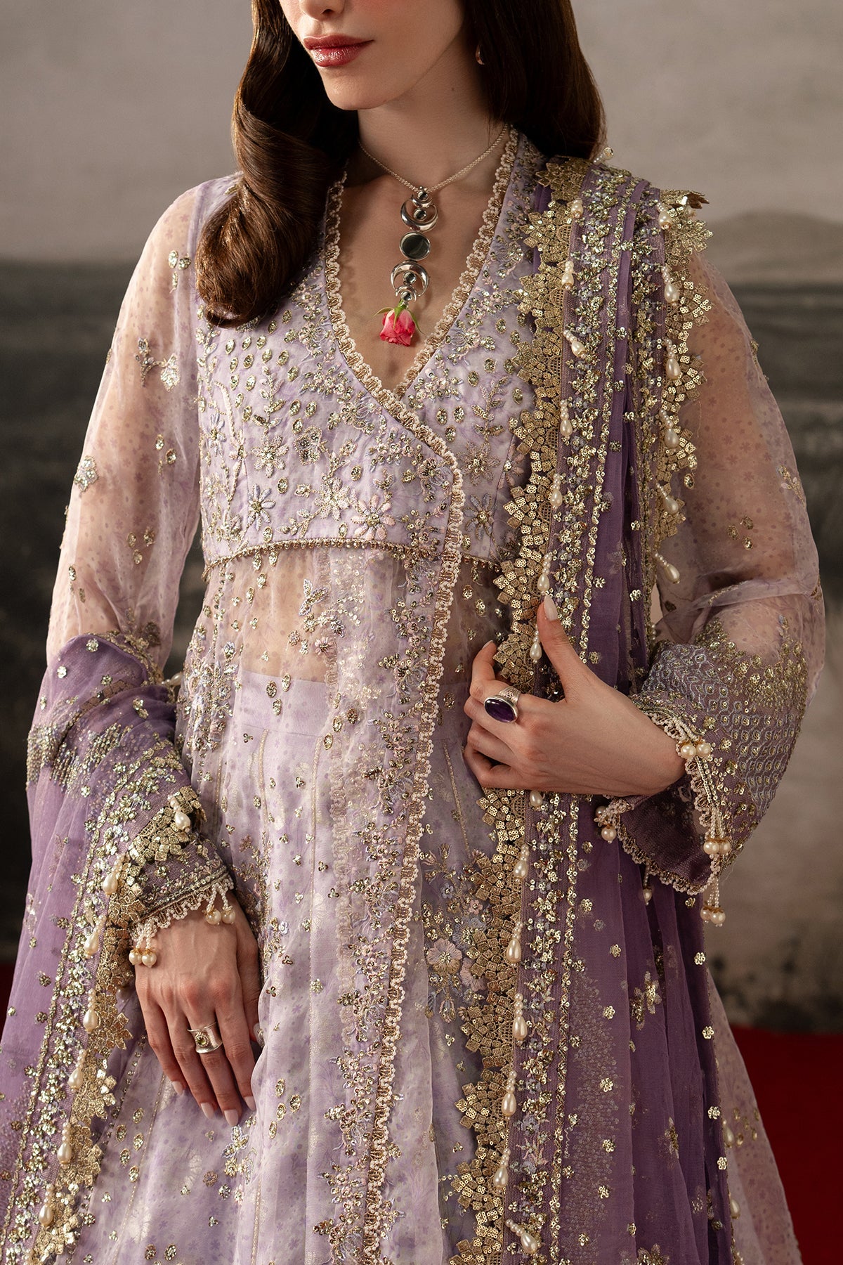 Monet, made by MAIRAZ — light purple lehenga suit, bodice and sleeve embroidery detail