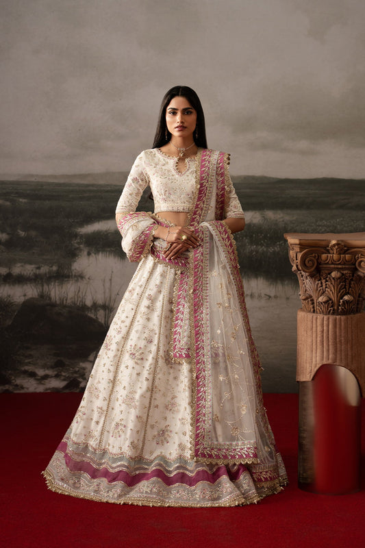 Parure, made by MAIRAZ — white with pink and green accents lehenga choli, full-length front view