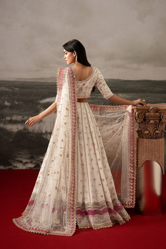 Parure, made by MAIRAZ — white with pink and green accents lehenga choli, rear view with dupatta
