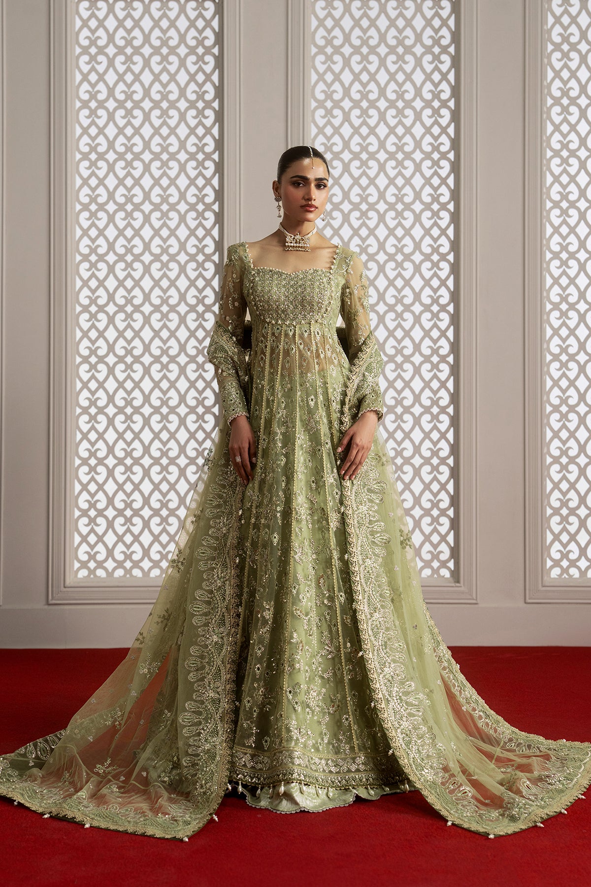 Theodora, made by MAIRAZ — light green pishwas, full-length front view